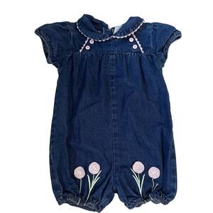 Vintage Denim Romper Pink Floral Applique Scalloped Peter Pan Collar 3T Girls